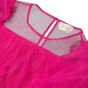 Anthropologie Women's M Sheer Tulle Puff Sleeve Textured Blouse Hot Pink Mesh